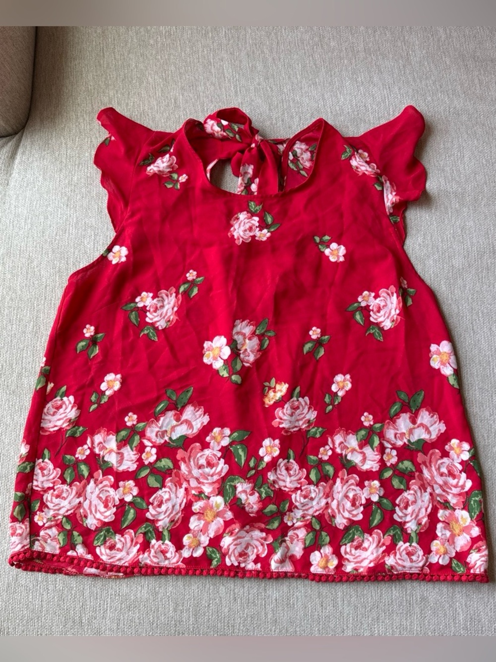 Sleeveless Red Floral Tie-Back Blouse